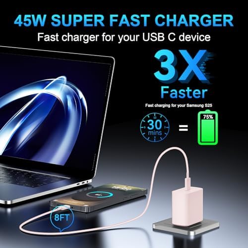 Super Fast 45 W Samsung USB-C Charger with 10 FT Pink Cable – Ultimate Charging Solution for Galaxy S25/S24/S23 Ultra, Stylish & Efficient Power Adapter for Quick Device Boosts and Enhanced Compatibility