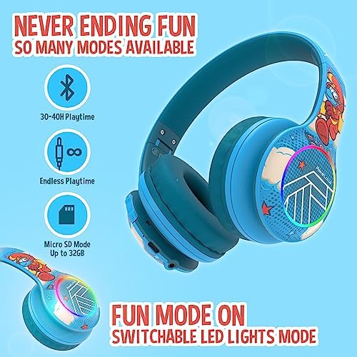 Vibrant Power Locus PLED Kids Bluetooth Headphones – Safe Volume Control (74/85/94 d B), Fun LED Lights, Hi-Fi Sound, Built-in Microphone & Multi-Connectivity for Travel, Learning & Play – Perfect Over-Ear Design for Children