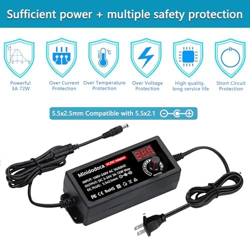Universal 72 W Adjustable AC to DC Power Supply Adapter – Versatile 3 V to 36 V Converter with LED Voltage Display & 16 Interchangeable Tips for Efficient Household Electronics Charging – Ideal for Hobbyists and Professionals Seeking Optimal Performance and Portability