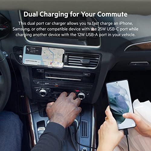 Belkin 37 W Dual Port Fast Car Charger with 3.3 ft USB-C Cable – High-Speed Charging for Galaxy S23, i Phone 14, and More – Compact Design with 25 W USB-C PPS & 12 W USB-A Ports – Perfect for Road Trips and Daily Commutes – Advanced Power Delivery for Speed & Efficiency