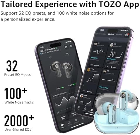 TOZO Hybrid Active Noise Cancelling Wireless Earbuds – Advanced Bluetooth 5.4 for Rapid Pairing, Immersive Deep Bass with 10 mm Drivers, AI-Powered Noise Cancellation via 4 Microphones for Crystal-Clear Calls, Fully Customizable 32 EQ Settings through TOZO App, Stylish and Waterproof Design for Comfort During Extended Wear