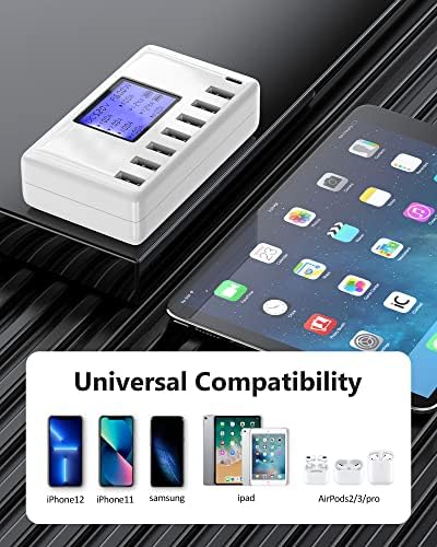 Ultimate 8-Port USB Charging Hub – 60 W Multi-Device Power Station with Smart LCD Display for Rapid Charging – Compact and Travel-Friendly Design for i Phone, i Pad, Samsung & Android Devices – Efficient Power Management for Seamless Device Charging
