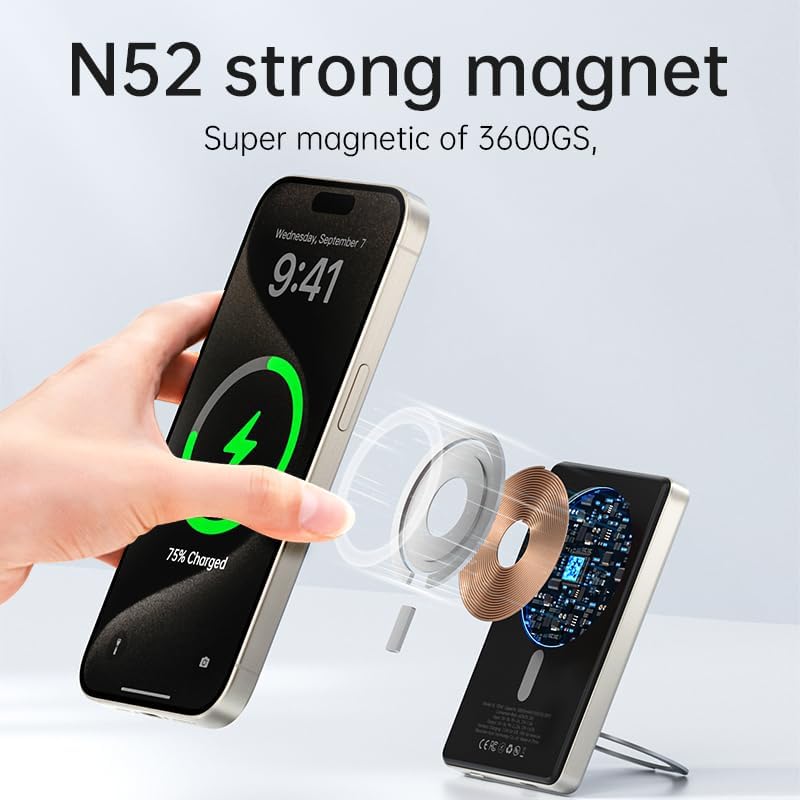 Ultra-Slim Mag Safe Battery Pack 10000 m Ah – 20 W Fast Charging Portable Power Bank with LED Display for i Phone 15/14/13/12 Series – Magnetic Design for Effortless Connectivity and On-the-Go Convenience in Space Gray