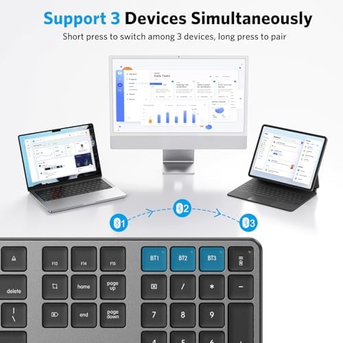 OMOTON Bluetooth Wireless Keyboard for Mac – Ergonomic Design with Numeric Keypad, Rechargeable Battery, Sleek Black & Grey Finish – Enhanced Compatibility for Mac Book Pro, Air, i Mac, Mac mini, and PC Users – Experience Unmatched Typing Speed and Comfort