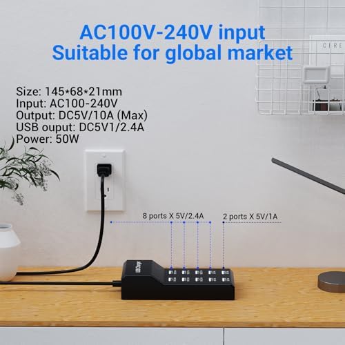 Ultimate 10-Port USB Charging Hub – 50 W Fast Multi-Device Charger Station Compatible with i Phone, Galaxy, i Pad, and More – Smart Power Distribution for Home & Office Use – Sleek, Compact Design for Travel Convenience