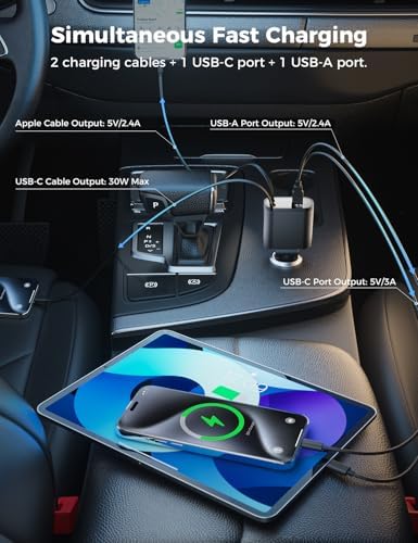 Introducing the SUPERONE 4-in-1 Retractable Fast Car Charger: Ultimate On-the-Go Charging Solution for i Phone, Galaxy & Pixel Devices – Featuring 2.6 ft Tangle-Free Cord, Enhanced USB C & Apple Compatibility, and Sleek Design for Effortless Portability. Experience lightning-fast charging to keep your devices powered during road trips or daily commutes, ensuring you’re always connected. This innovative retractable charger is engineered for maximum efficiency, accommodating a wide range of smartphones including i Phone 16, 15/15 Pro Max, 14, 13, 12, 11 and popular Galaxy and Pixel models. With its compact construction and high-quality materials, this charger not only enhances your charging experience but also withstands everyday wear and tear. Elevate your mobile charging with the SUPERONE car charger – where convenience meets cutting-edge technology for busy professionals and families on the move.