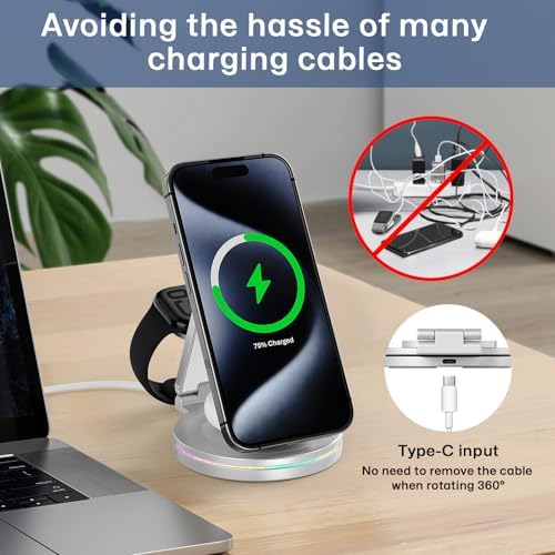 Revolutionary 3-in-1 Wireless Charger Hub for i Phone, Apple Watch & Air Pods – 10 W Fast Charging, 360-Degree Rotating Zinc Alloy Design, Foldable & Magnetic for Ultimate Convenience and Compatibility with i Phone 12-16 Series