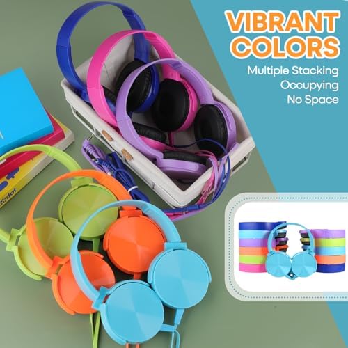 Classroom-Ready Kids Headphones Bulk Pack – 6 Durable Wired Earphones for Students, Toddlers, and Teens – Lightweight On-Ear Design with Comfortable Fit, Ideal for Learning, Music, and Online Classes – Compatible with Tablets and Laptops