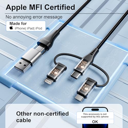 Universal 6-in-1 Coiled USB A/C to USB-C/Lightning/Micro Charging Cable – 3 A High-Speed Charging for i Phone, i Pad, and Android Devices – Seamless Compatibility with Apple Car Play & Android Auto – Tangle-Free Design for Ultimate Portability and Convenience