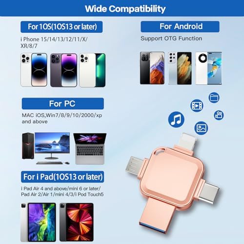 Revolutionize Your Data Storage with the LANSLSY 128 GB 4-in-1 Flash Drive – Effortless Compatibility for i Phone, i Pad, Android, PC, and Mac – No App Required for Instant Access! Enjoy Enhanced Transfer Speeds and 4 Versatile Ports: Lightning, USB Type-A, USB Type-C, and Micro USB. Perfect for Storing Photos, Videos, and Documents with Ease – Ideal for Students, Professionals, and Photographers on the Go! Compact and Stylish Pink Design Makes It a Must-Have Accessory for Your Tech Gear. Say Goodbye to Data Management Hassles and Keep Your Files Securely Accessible Anytime, Anywhere!