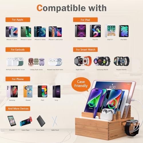 Sleek Bamboo Multi-Device Charging Station with 5 USB Ports, Integrated Smart Watch Stand & 5 Charging Cables – Ultimate Desktop Organizer for Cell Phones, Tablets & Smartwatches – Eco-Friendly Design for Fast Charging & Clutter-Free Spaces