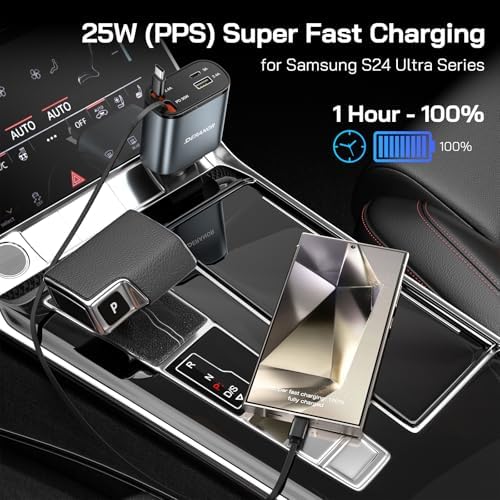 Dual-Output 69 W Retractable Car Charger Set – 4-in-1 Fast Charging Adapter with Type C and Lightning Cables for i Phone 12-16 & Samsung S23/S24 – Compact Design for Seamless Multi-Device Power on the Go