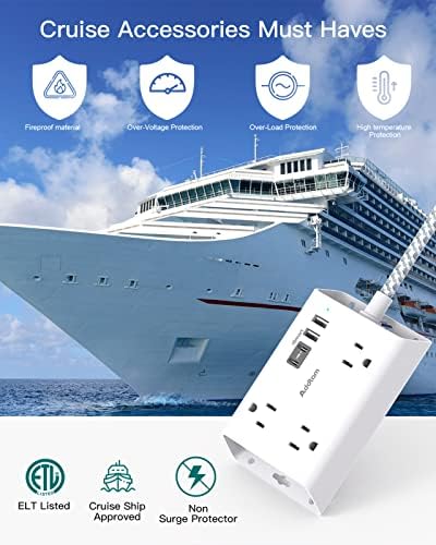 Travel-Ready Addtam Flat Plug Power Strip: Compact Desktop Charging Station with 3 AC Outlets & 4 USB Ports (2 USB-C) – Ultimate Cruise Ship Accessory for Effortless Device Charging on the Go!