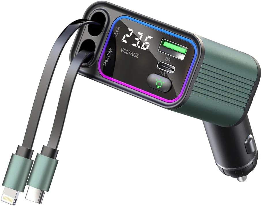 TRON 4-in-1 TR32 USB-C Car Charger Adapter – 660 W Rapid Charging with Retractable 2.6 Ft Cables & Dual USB Ports for Ultimate Device Compatibility and Convenience on the Go