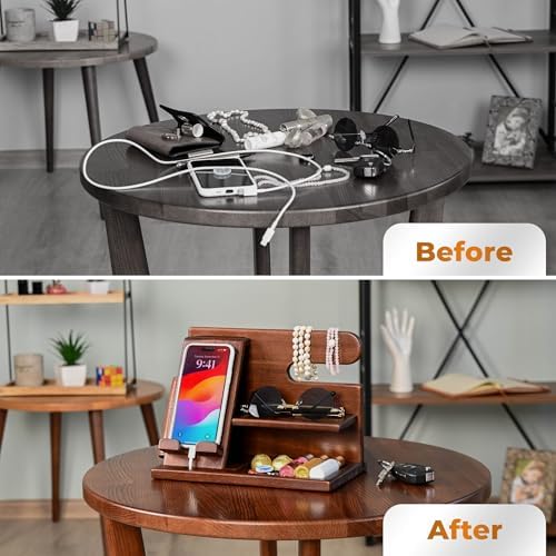 TESLYAR Wood Phone Docking Station for Men – Desktop or Nightstand Organizer – Birthday Gifts for Men, Dad – Anniversary Idea from Wife – Key Holder, Stand Wallet, Watch & Essentials (Antique Brown) – Enhanced Compatibility and Speed