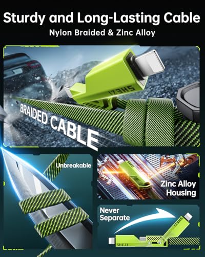 SHEZI 4-in-1 Fast Charging USB C Cable – 60 W Power Delivery with Lightning, USB C, and USB A Ports – 5 FT Durable Flat Nylon Braided Cord – Stylish Pink Design for i Phone, i Pad, and More – High-Speed 480 Mbps Data Transfer Solution for All Your Devices