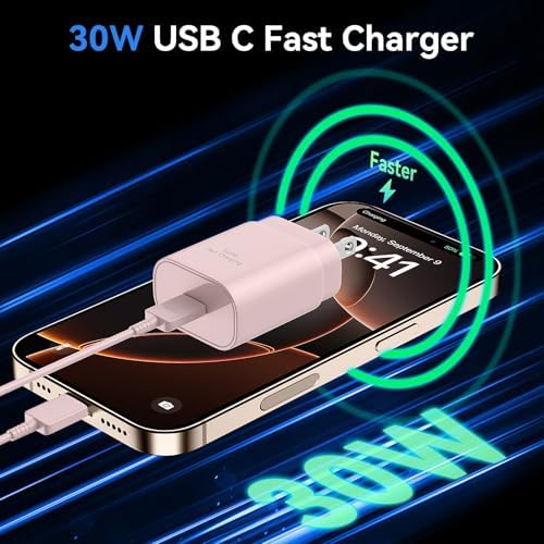 Auorld 30 W USB-C Fast Charger with 10 FT Cable – High-Performance Rapid Charging for i Phone 15/16, i Pad, Samsung Galaxy & Google Pixel – Stylish Purple Design for Maximum Flexibility and Compatibility on the Go
