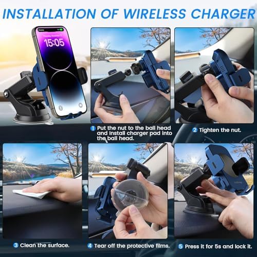 Ultimate 15 W Fast Wireless Car Charger with Auto-Clamping Technology – Sleek Blue Design for i Phone 11-16 Pro Max & Samsung Galaxy S Series – Effortless Charging, Secure Hold, and Stylish Vehicle Integration for Enhanced Driving Convenience