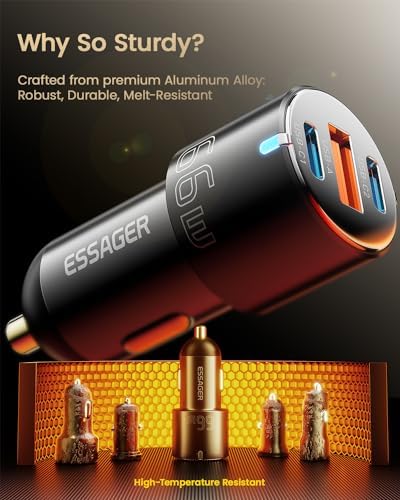Essager 66 W Dual USB-C & USB-A Fast Charging Car Charger – Premium Aluminum Universal Adapter for Quick Charge 3.0, PD, and PPS – Ideal for i Phone 15/14/13/12 Pro Max and Samsung Galaxy Devices – Ultimate On-the-Go Power Solution