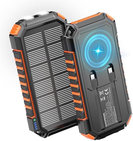 Riapow 27,000 m Ah Solar Power Bank – Ultra-Fast 22.5 W Wireless Charger with Built-in Cables for 6 Devices, Ideal for Outdoor Adventures and Emergency Power Needs – Charge i Phone 16 to 65% in 30 Minutes with High-Capacity Battery and Efficient PD 3.0 Technology – Stay Connected Anywhere, Anytime