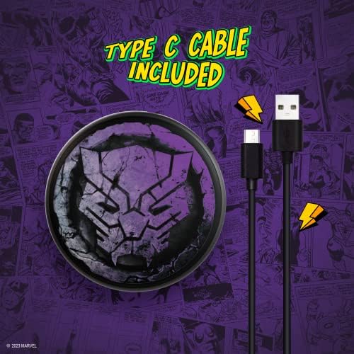 Marvel Avengers Black Panther 10 W Wireless Charging Pad – Sleek Qi-Compatible Station with LED Indicator for All Devices – Ultimate Gift for Marvel Fans and Black Panther Enthusiasts – Fast Charging and Stylish Design for Home or Travel Use – Official Marvel Merchandise