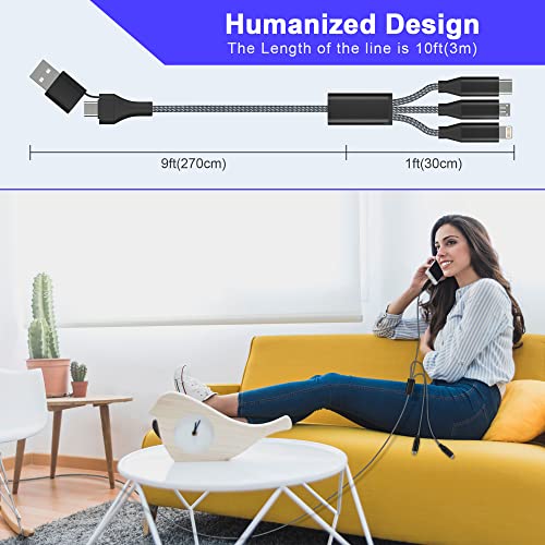 Versatile 3-in-1 USB C Charging Cable – 10 Ft Apple MFi Certified Multi Connector Cable for i Phone, Type C & Micro USB Devices, Enhanced Durability & Rapid Charging for Home, Office & Travel Use