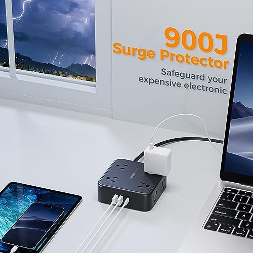 TESSAN Power Strip Tower Surge Protector: 8 AC Outlets & 3 USB Ports (1 USB-C) with 900 Joules Protection, 5 FT Flat Plug Extension Cord – Ultimate Desk Charging Station for Home Office and Dorm Room Efficiency