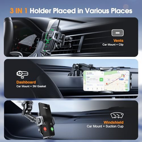 Versatile 360° Adjustable Car Phone Holder Mount – Ultimate Dashboard, Windshield & Vent Stand for i Phone 16, 15 Pro Max & Samsung – Secure Anti-Slip Grip for Safe Hands-Free Navigation & Effortless One-Hand Operation – Enhanced Compatibility for All Smartphone Models