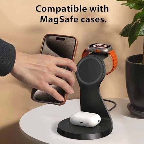 Revolutionize Your Charging Routine with the 3-in-1 Magnetic Wireless Charging Station for Apple Devices – Fast Mag-Safe Dock for i Phone 16/15/14/13, Air Pods, and Apple Watch – Compact, Sleek Design for Effortless Use and Optimal Speed – White Finish for Modern Aesthetics