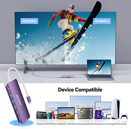 Acodot 9-in-1 USB C Hub: Ultimate 4 K HDMI Adapter with 3 USB 3.0 Ports, SD/TF Reader & 100 W Power Delivery – Stylish Purple Multiport Hub for Mac Book, HP, XPS & More – Boost Your Productivity with Seamless Connectivity and Fast Charging