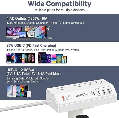 Revolutionize Your Workspace with the Ultimate Desk Clamp Power Strip USB C – Multi-Plug Charging Station Featuring 4 Outlets and 4 USB Ports, Including Rapid USB-C for Efficient Device Charging – Compact Surge Protector for Phones, Tablets, and Computers – Enhance Productivity and Declutter Your Desktop