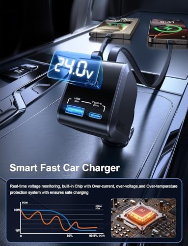 Revolutionary 72 W Retractable USB-C Car Charger – Dual Port Fast Charging Solution for i Phone 16/15/14/13/12 & Samsung Devices, 4 FT Tangle-Free Cables, Sleek Warm Grey Design for Ultimate Convenience and Organization