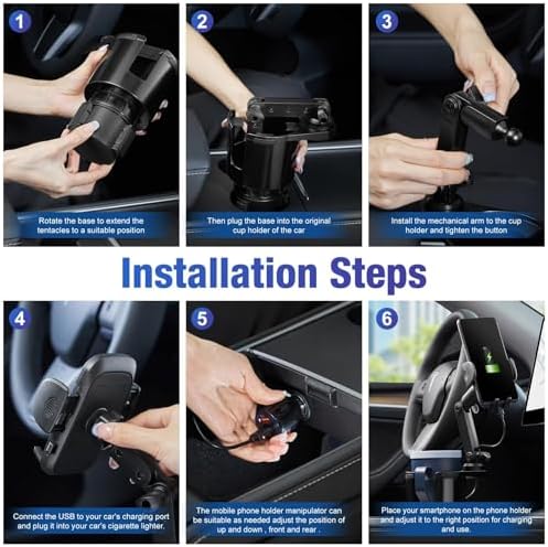 Ultimate 15 W Fast Charging Cup Holder Phone Mount with Auto-Clamping Technology – Adjustable Base for All Smartphones, 360° Rotation for Optimal Viewing, Complete with Car Adapter for Enhanced Portability and Connectivity