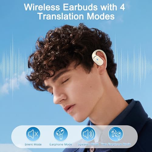 Revolutionary 3-in-1 Bluetooth Earbuds with Instant Language Translation – Premium HD Audio Experience for Travelers and Language Learners – Unmatched 68-Hour Playtime – Durable IPX5 Waterproof Design for Active Use – Ergonomically Crafted Beige Finish for Comfortable Wear