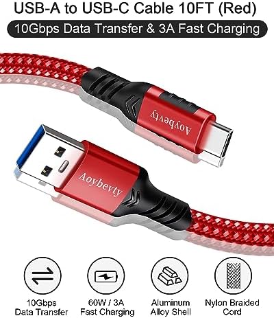 High-Speed USB A to USB C Cable (3.3 FT & 10 FT) – 10 Gbps Data Transfer, 60 W Fast Charging for Samsung Galaxy S23/S22/S21/S20/S10 Ultra & All Type C Devices – Durable Nylon Braided Design for Ultimate Flexibility and Performance