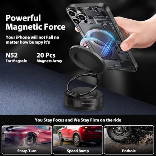 Jiunai Car Phone Holder for Mag Safe, Suction Cup Mount, Strong Magnets Fold Rotate Spin, Magnetic Phone Holder Stand, Hands Free Travel Airplane Glass Gym Mirror Desktop Stand for iPhone 16 15 14 – Enhanced Compatibility and Speed