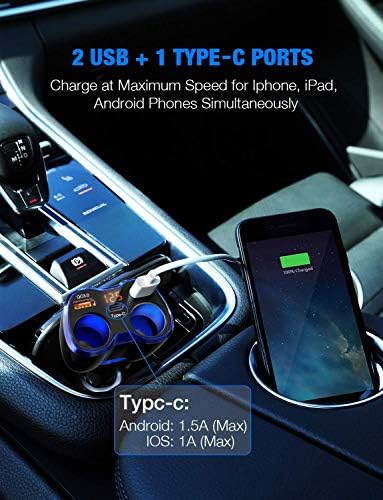 150 W Dual Socket Car Charger Splitter with Quick Charge 3.0 – USB-C Adapter, LED Voltmeter & Replaceable 15 A Fuse for Effortless Device Charging on Road Trips and Daily Travels – Essential Power Hub for GPS, Dash Cams, and Mobile Devices