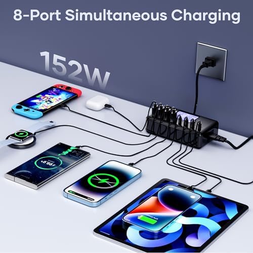Ziwodiv 8-Port USB Charging Hub – 60 W Multi-Device Power Station with LED Status Indicator for i Phone, i Pad, Samsung & Android – Compact and Efficient Desktop Charger with Advanced Safety Features for Home and Office Use
