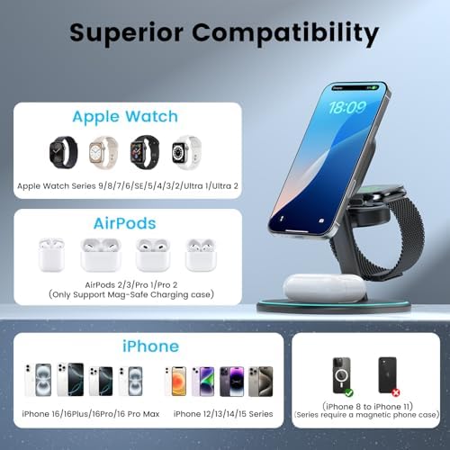 Ultimate 3-in-1 Wireless Charging Station: 15 W Fast Charger for i Phone 16/15/14/13/12, Apple Watch & Air Pods – Adjustable Viewing Stand with Sleep-Friendly Light for Enhanced User Experience (Black) – Rapid, Safe Power Delivery with Multi-Protection Features