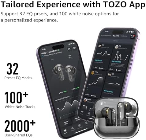 TOZO Hybrid Active Noise Cancelling Wireless Earbuds – Advanced Bluetooth 5.4 for Rapid Pairing, Immersive Deep Bass with 10 mm Drivers, AI-Powered Noise Cancellation via 4 Microphones for Crystal-Clear Calls, Fully Customizable 32 EQ Settings through TOZO App, Stylish and Waterproof Design for Comfort During Extended Wear
