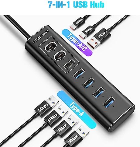 Elevate Your Connectivity with the Rosonway 7-Port Powered USB Hub – Ultra-Fast 10 Gbps Data Transfer, Dual USB-C 3.2 & Four USB 3.0 Ports, Individual Switches for Custom Control, Sleek Aluminum Design, Perfect for Laptops and PCs – RSH-A107 C, Maximize Productivity Effortlessly