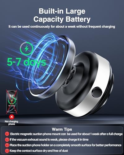 Electric Magnetic Car Phone Holder, 360 Rotation Vacuum Suction Cellphone Mount Foldable Car Mount Stand for iPhone12-16,Mirror/Glass/Screen/Smooth Surface (Not Charge Phone) – Enhanced Compatibility and Speed