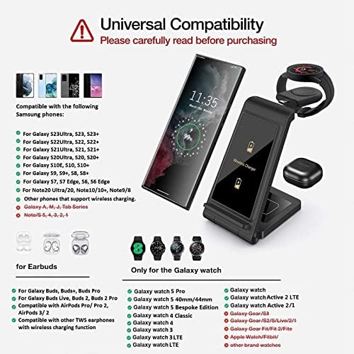DINTNCCM 3-in-1 Fast Wireless Charging Station – Foldable Charger for Samsung Galaxy S24 Ultra, Galaxy Watch6, and Galaxy Buds – Sleek Black Design with Enhanced Safety Features for Home and Travel Use