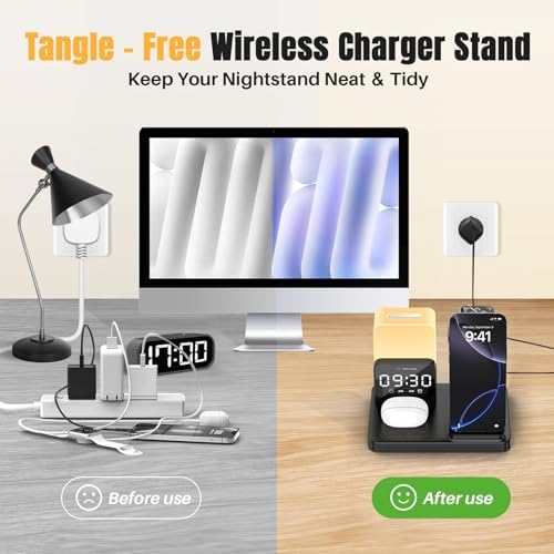 Ultimate 6-in-1 Wireless Charging Dock: Qi Certified Fast Charger for i Phone, Samsung, Air Pods, and Apple Watch with Digital Alarm Clock and Adjustable Night Light – 15 W Power Station with 20 W Adapter Included – Ideal for Streamlined Charging Solutions and Cable Management