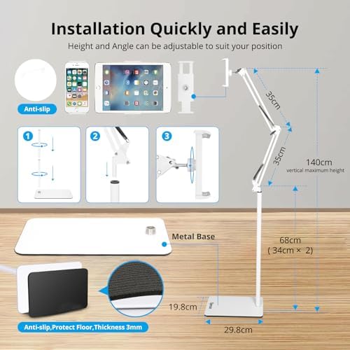 Universal Adjustable Tablet Floor Stand – Versatile 360-Degree Rotating Metal Holder for i Pads, i Phones, and Kindles (4.5-12.9″) – Optimize Your Workspace with a Sturdy, Lightweight Design for Effortless Hands-Free Viewing in Any Setting