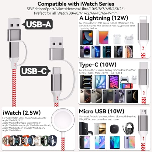 Ultimate 6 FT Multi-Device Charging Cable: Fast Nylon-Braided i Watch and Smartphone Charger Compatible with i Phone, i Pad, Galaxy, and More – Durable, Tangle-Free Solution for Ultra, SE, and All i Watch Models – Streamline Your Charging with Versatile 4-in-2 Connectivity
