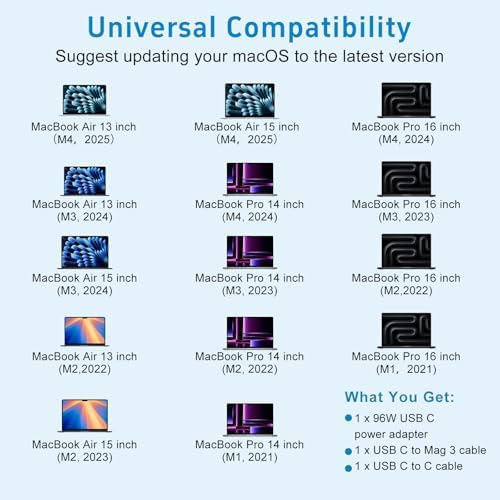 Ultra-Fast 96 W USB-C to Mag Safe 3 Charger for Mac Book Pro & Air (2021-2025) with 6.6 ft Cable – Superior Compatibility & Lightning Speed for All USB-C Devices – Safe, Durable Design with Overload Protection & 24/7 Support – Charge Mac Book Pro 16″ in Just 1 h 47 m