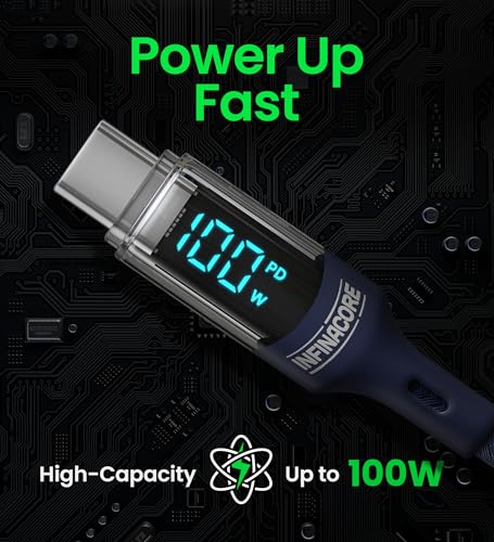 Next-Gen Infina Core 6 ft 100 W LED Charging Cable – Ultra-Fast Universal USB C Charger with Visual Speed Indicator – Flexible Design for Apple, Android, Samsung & More – Superior Durability and Enhanced Charging Efficiency