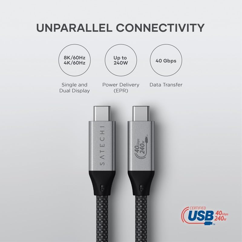 Satechi USB C to USB C 4.0 Pro Cable – 240 W Power Delivery, 8 K @ 60 Hz & 4 K @ 120 Hz Support, 40 Gbps High-Speed Data Transfer, USB-IF Certified for Ultimate Performance, 4 ft Length for Versatile Use – Ideal for Gamers & Professionals