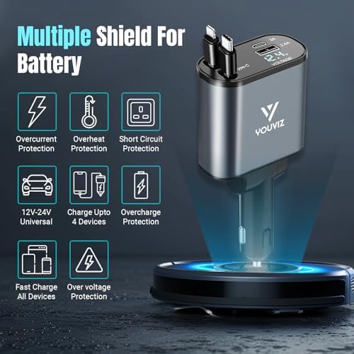Versatile 4-in-1 Retractable Car Charger with Dual USB Ports – Fast Charging Solution for i Phone 16/15/14/13/12 & Android Devices – Compact Design with Tangle-Free Dual Retractable Cords (2.6 ft) – Perfect for Road Trips & Daily Commutes – Enhanced Compatibility for Samsung, Pixel & More